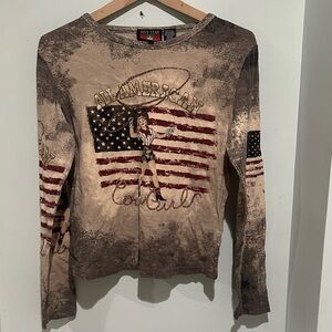 Five Star Distressed Beige Brown Long Sleeve with American Flag Graphic
